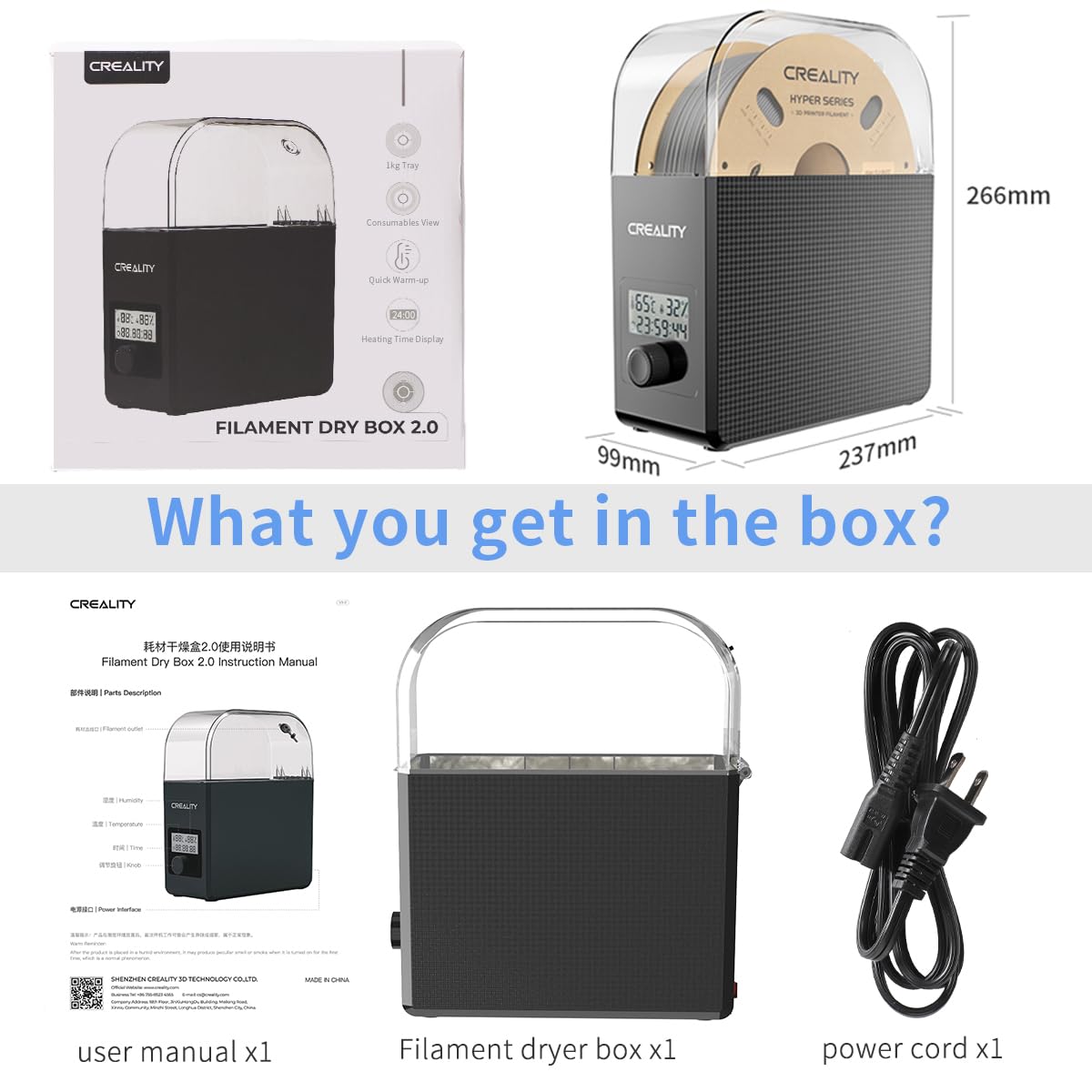 Creality Official Filament Dryer Box 2.0 with Fans, Upgraded Filament Dry Box Pro 1KG 3D Printer Filament Storage Keep Filament Dry During 3D Printing Filament Dehydrator for PLA PETG ABS TPU Nylon Creality