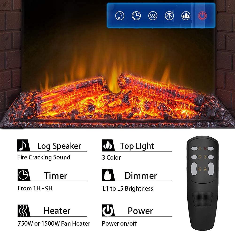 Masarflame 36'' Electric Fireplace Insert, Retro Recessed Fireplace Heater with Fire Cracking Sound, Remote Control & Timer, 750/1500W, Black Masarflame