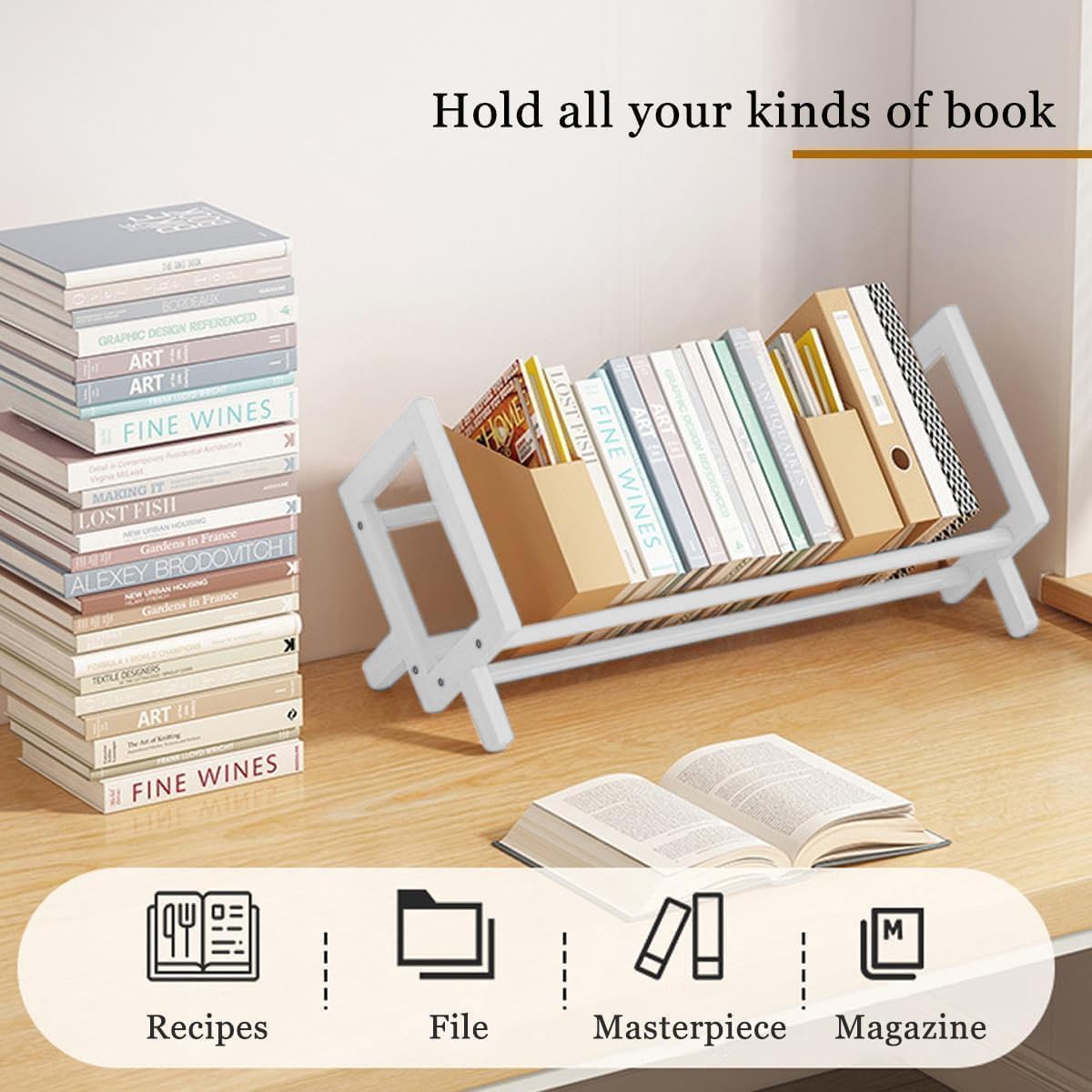 Fox Claw Wood Tilting Bookcase in Living Room/Home/Office, Desktop Book Shelf Organizer Bookshelves Storage Rack for CDs/Magazine/Books Display (White, 19.68"-L) Fox Claw