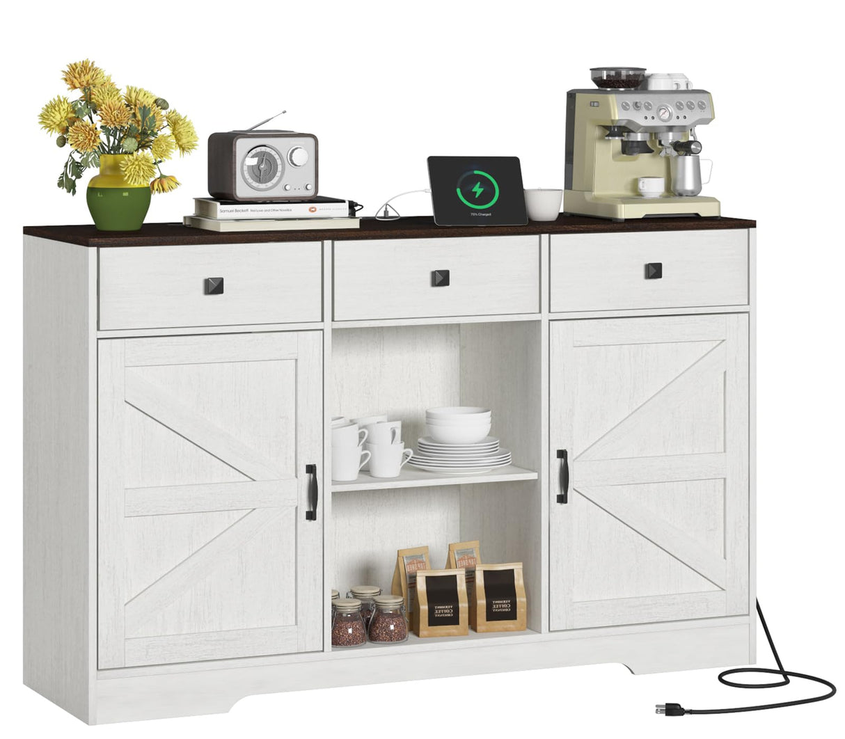 Hlivelood Farmhouse Coffee Bar Cabinet, 54" Kitchen Buffet Storage Cabinet with Drawers & Barn Doors, Sideboard Buffet Cabinet Coffee Bar for Dining Room, Living Room, Antique White Hlivelood