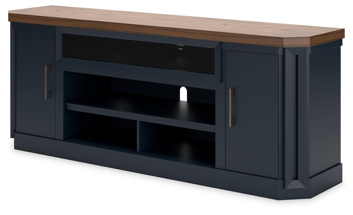 Signature Design by Ashley Landocken Contemporary 83" TV Stand for TVs up to 95" with Fireplace Option, 2 Cabinets, 2 Doors, 2 Adjustable Shelves, Open Cubbies and Cord Openings, Dark Brown & Blue Signature Design by Ashley