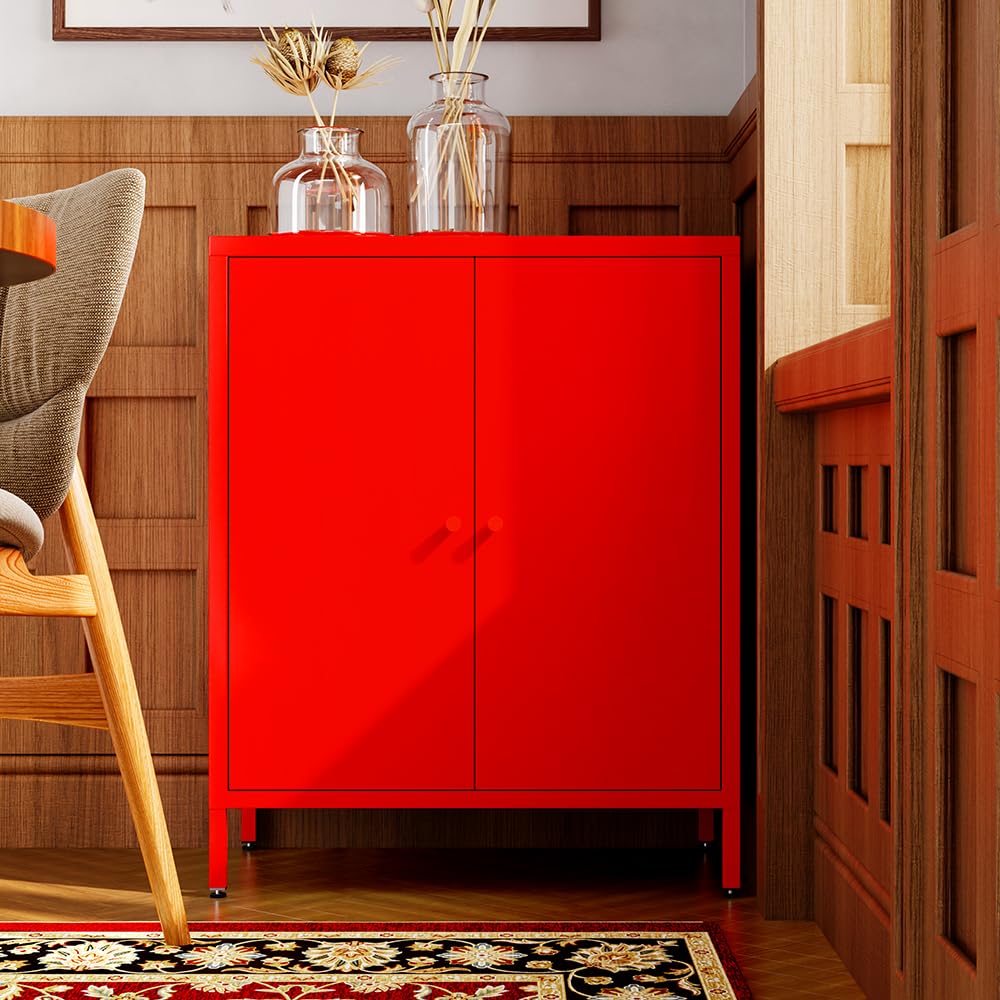Fumedo Small 2 Metal Storage Side Buffet Cabinet for Bed Room,Living Room,Entryway,Hallway,Home,Hotel,Office,Garage,Kitchen,1 Removable Shelf. (Metal Door, Red) Fumedo