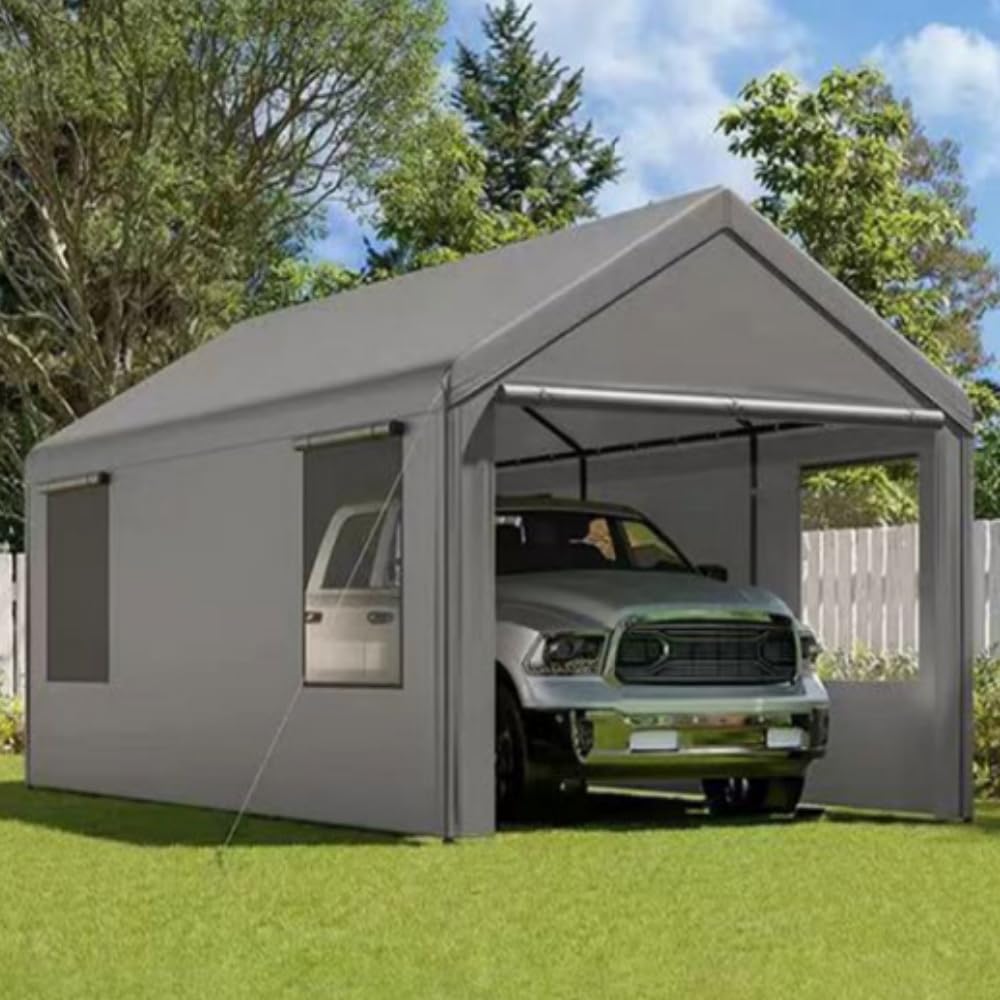 GarveeLife Carport 10x20ft Heavy Duty Carport with Roll-up Windows, Car Canopy Portable Garage with Removable Sidewalls & Doors, Car Canopy with All-Season Tarp for Car Boat Truck Motorcycle, Grey GarveeLife