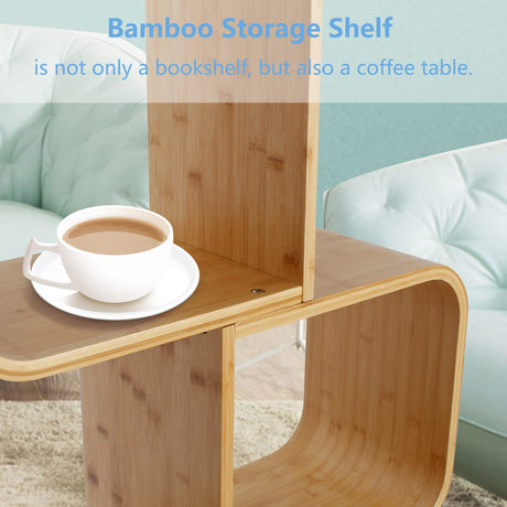5-Tier S-Shaped Geometric Modern Bamboo Bookshelf, Large Capacity Creative Display Curved Rack Free-Standing Bedside Table 2 in 1 Bookcase Storage CDs, DVDs Book Shelf for Home, Office, Living Room briteman