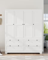 PLANNTONNEO Large White Wardrobe Closet with Drawers, Modular Closet System with Doors and Hanging Rods, Tall Large Armoire Ample Storage, Big Bedroom Armoires (4 Doors+4 Drawers) PLANNTONNEO