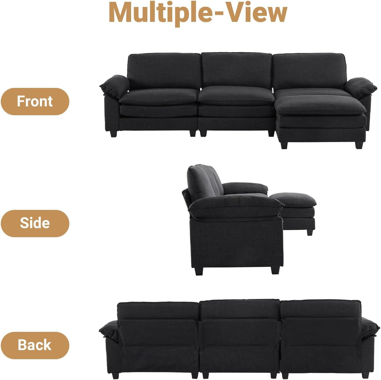 VINGLI 121" Cloud Linen Couch, Comfy Modular Sectional Sofa Set for Living Room,Modern 3-Seat Convertible Loveseat Sofa with 1 Ottoman for Small Space, Black VINGLI