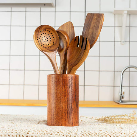 Wooden Kitchen Utensils Set, 5 PCs Natural Acacia Spurtle Set for Non-stick Pan Kitchen Tool Ladle and Wok Spatulas, Salad fork TEZZ