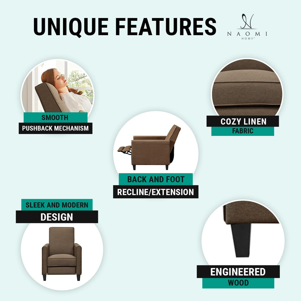 Naomi Home Pushback Recliner Chairs Home Theatre Recliner Small Recliners for Small Spaces with Adjustable Footrest Push Back Theatre Chairs Chocolate Linen Naomi Home