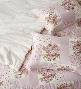 Chezmoi Collection Rosy 3-Piece Full Size Washed Cotton Comforter Set - Floral Bedding Set Ivory Green Pink Flower Polka Dot Printed Patchwork Reversible Lightweight Comforter for All Season Chezmoi Collection