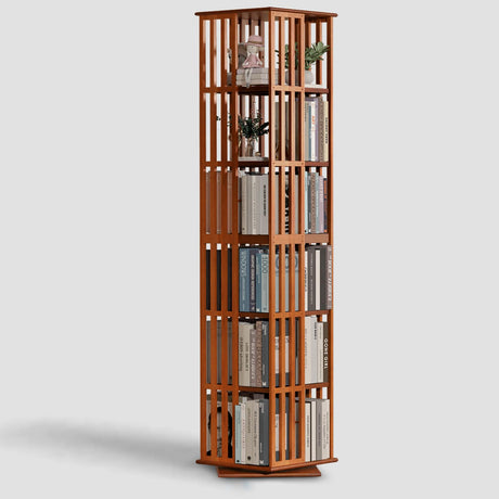 Rotating Bamboo Bookshelf | 6 Tier Revolving Bookcase | 360-degree Space Saving Spinning Book Shelf | Swivel Book Shelves for Display Corner-Friendly Small Space-15.75"W×15.75"D×74.8"H(Walnut) Lauxery