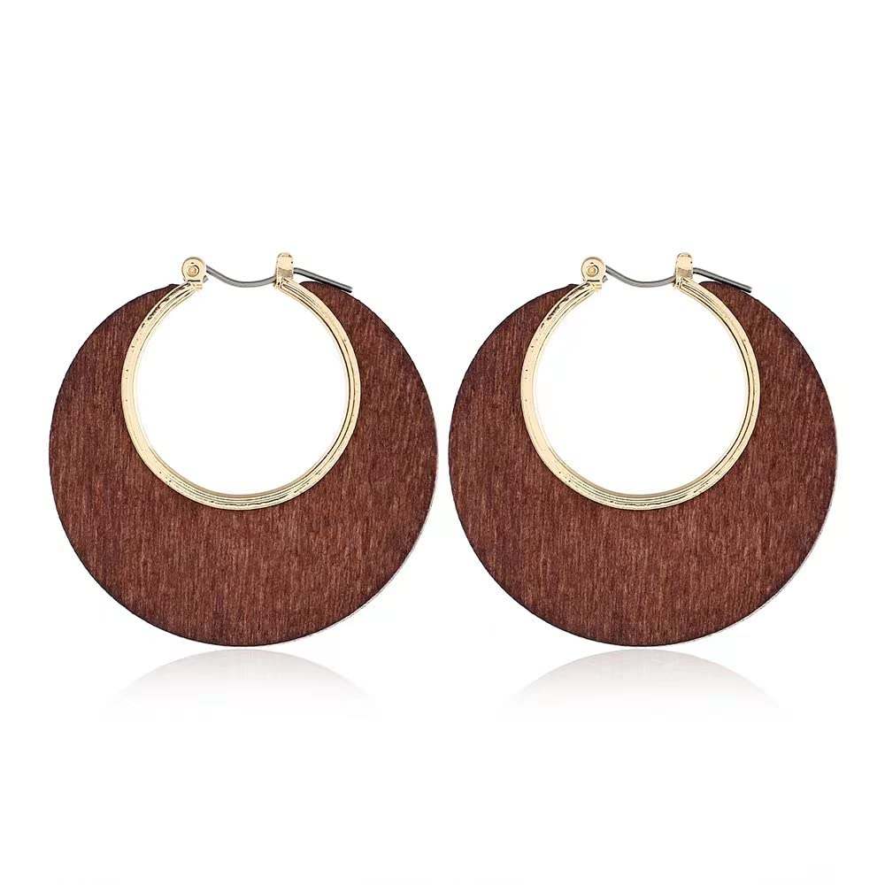 Boho Handmade Wooden Hoop Geometry Drop Dangle Earrings Lightweight Retro Round Wood Hollow minimalism Earrings for Women Jewelry Gifts (Brown Earrings) SUANTIANMG