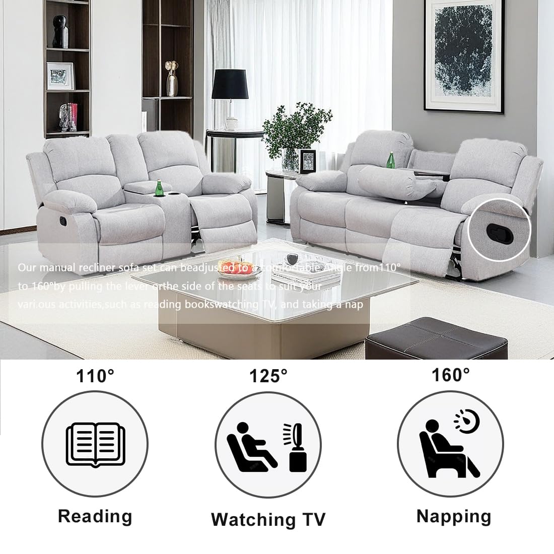 Dekmxas Living Room Furniture Sets 2PCS Fabric Recliner Sofa Set Modern Loveseat Couch Set Manual Reclining Sofa Set with Cup Holders/Storage Console for Living Room/Rv Car (Grey White, Sofa+Loveseat) Dekmxas
