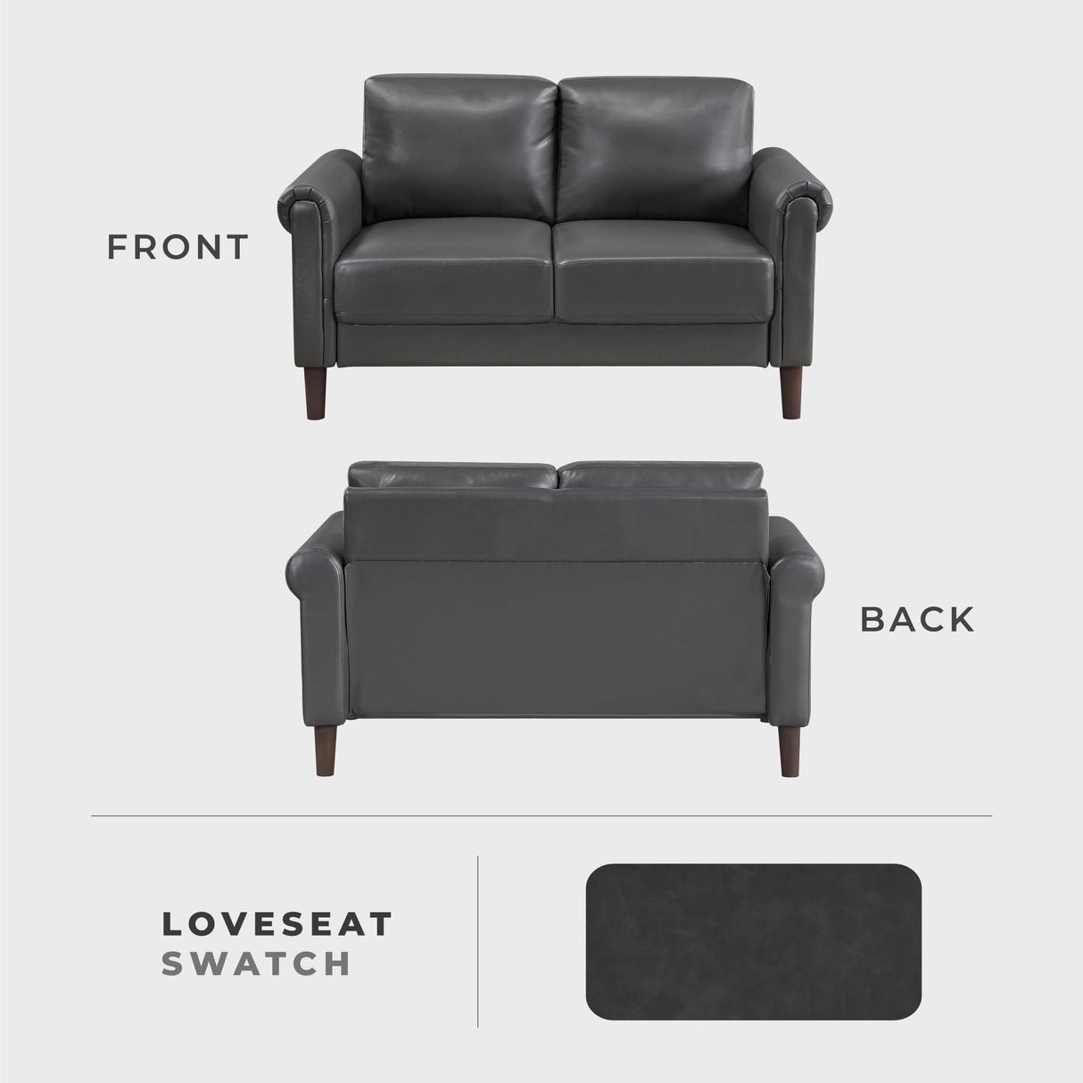 Lexicon 57" W Loveseat, Faux Leather Upholstered Couch, Loveseat with Rolled Armrest for Bedroom/Office/Waiting Room, 2 Seater Couch, Dark Gray Lexicon