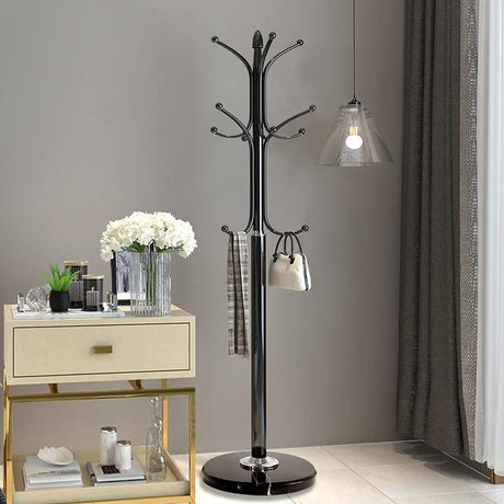 Kertnic Metal Coat Rack Stand with Natural Marble Base, Free Standing Hall Tree with 12 Hooks for Hanging Scarf, Bag, Jacket, Home Entry-way Hat Hanger Organizer (Black) Kertnic