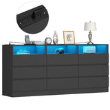 Gyfimoie 9 Drawer Double Dresser with Power Outlet, Accent Chests of Drawers with LED Light, Modern White Storage Dresser with Charging Station (Mirror Not Included) (9 Drawers-Black) Gyfimoie
