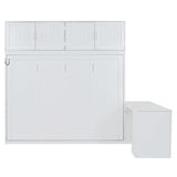 Queen Horizontal Murphy Bed with Desk and Storage Bookcase Shelves,Pine Wood Murphy Wall Bed with Storage Shelves and Desk,for Adults (White) MERITLINE