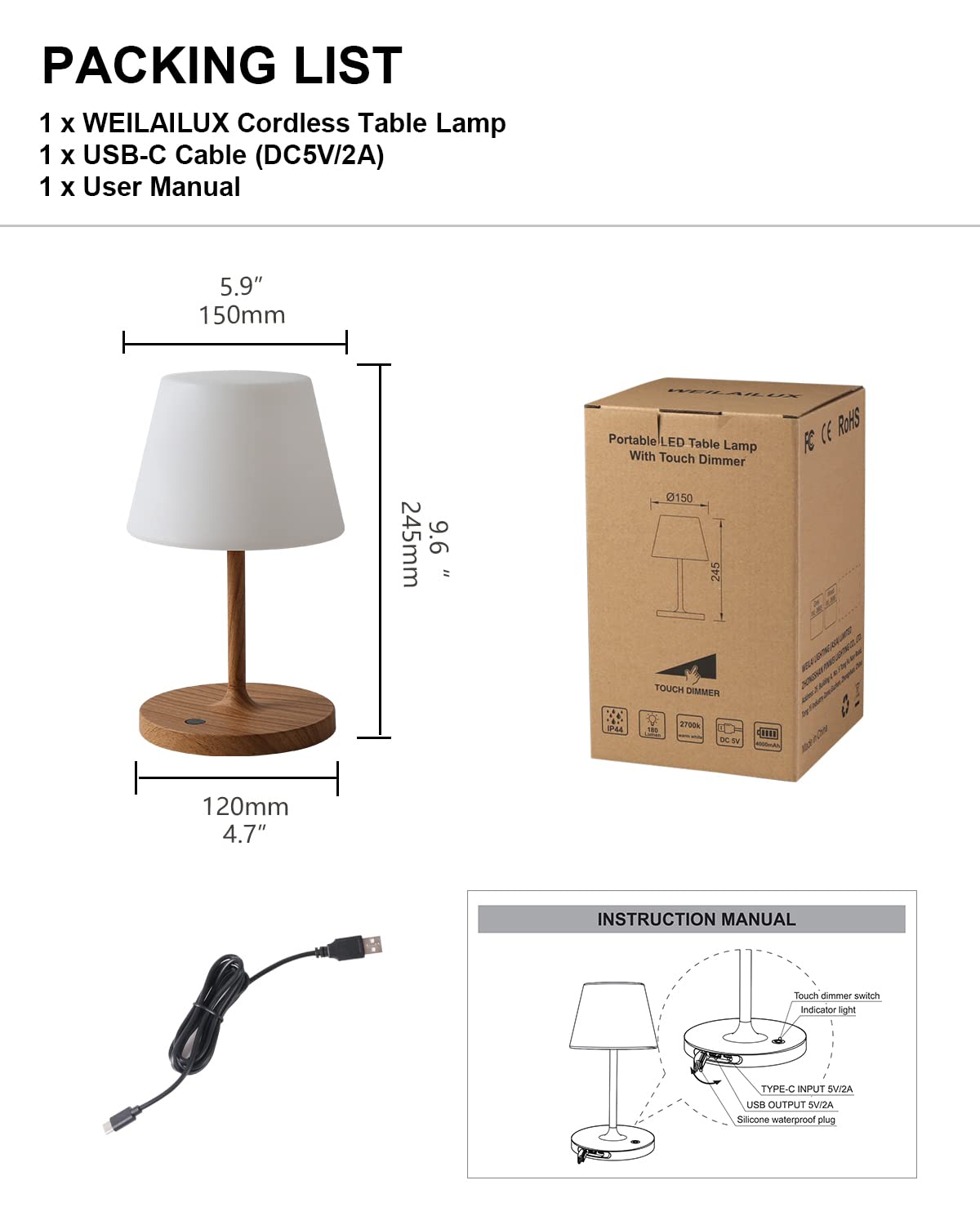 WEILAILUX Outdoor Battery Operated Table Lamp Waterproof, 4000mAh Cordless Rechargeable, Touch Dimmable Desk Lamp, LED Night Light for Patio Camping Restaurant Home, H9.6in, Wood Grain WEILAILUX
