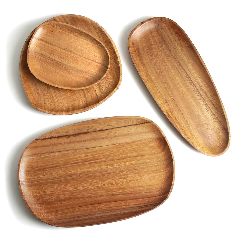 AOOSY Wood Serving Tray, Wooden Serving Platters Set for Serving Food, Fruit, Vegetable, Meat Breakfast Lunch Dinner in Bed Decorative Bread Plates Party Wood Serving Board, Set of 4 AOOSY