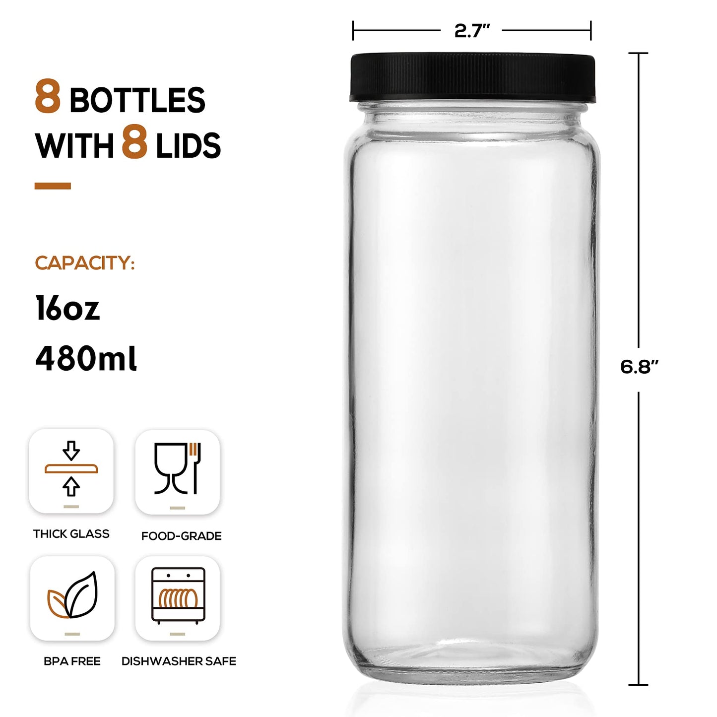 [ 8 Pack ] Glass Juicing Bottles with 2 Straws & 2 Lids w Hole- 16 OZ Travel Drinking Jars, Water Cups with Black Airtight Lids, Reusable Tall Mason Jar for Juice, Bubble Tea, Smoothie, Tea, Kombucha