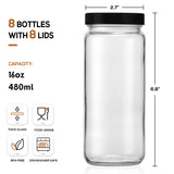 [ 8 Pack ] Glass Juicing Bottles with 2 Straws & 2 Lids w Hole- 16 OZ Travel Drinking Jars, Water Cups with Black Airtight Lids, Reusable Tall Mason Jar for Juice, Bubble Tea, Smoothie, Tea, Kombucha AOZITA