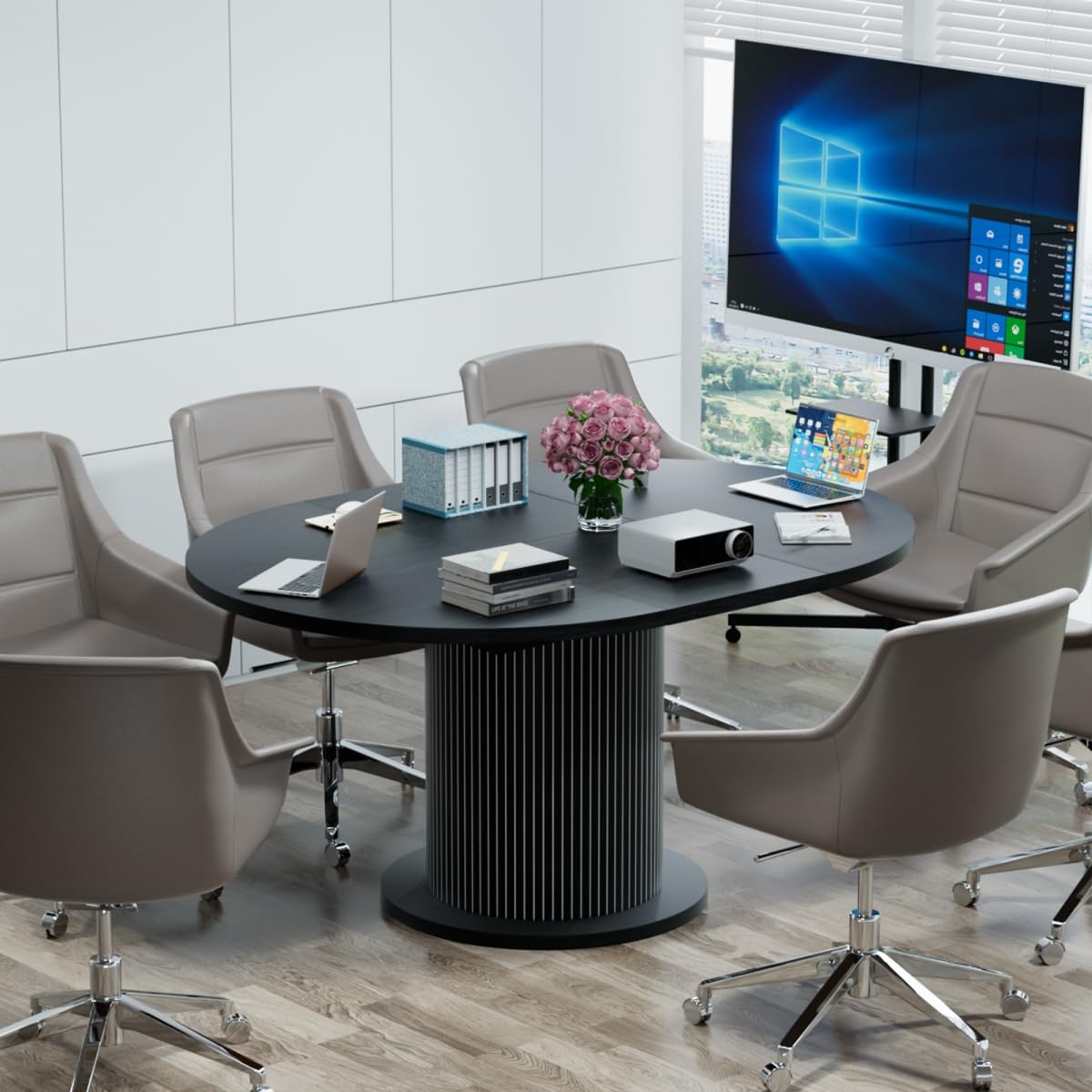 43.3 inch 59 inch Adjustable Size Round Conference Table for 4-6 People, Unique Design Modern Meeting Room Table, with Wood Strip Base (Black) Fiogmub