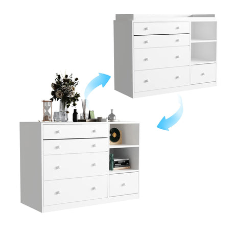 Timechee Changing Table Dresser, Baby Classic Nursery Dresser with 5 Drawers and 2 Shelves, Multi-Functional Baby Changing Table, Diaper Changing Station for Children's Room, White Timechee