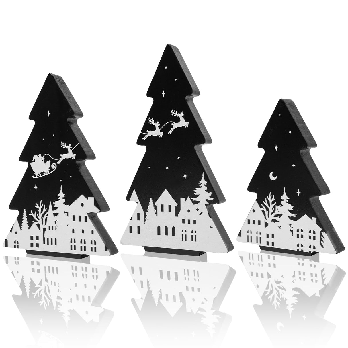 3 Pieces Wooden Christmas Tree Decor Black White Xmas Tiered Tray Decor for Christmas Home Tabletop Party Decor (Black) Sereliy