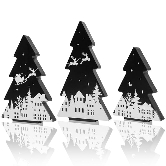 3 Pieces Wooden Christmas Tree Decor Black White Xmas Tiered Tray Decor for Christmas Home Tabletop Party Decor (Black)