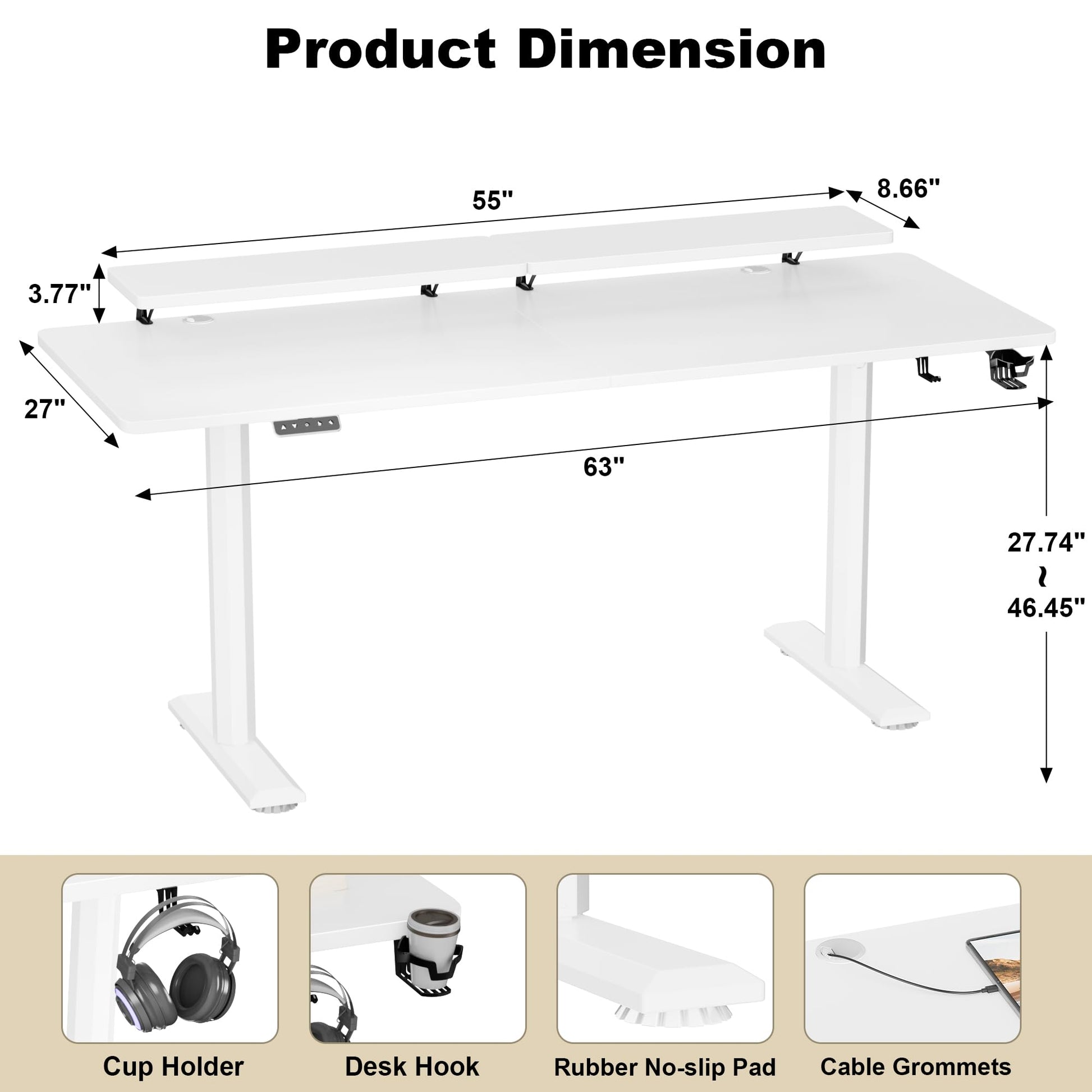 JUMMICO Electric Standing Desk, Adjustable Height Desk 63 x 27 Inch with Monitor Stand, Home Office Computer Desk (White) - WoodArtSupply