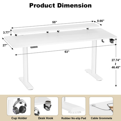 JUMMICO Electric Standing Desk, Adjustable Height Desk 63 x 27 Inch with Monitor Stand, Home Office Computer Desk (White) - WoodArtSupply