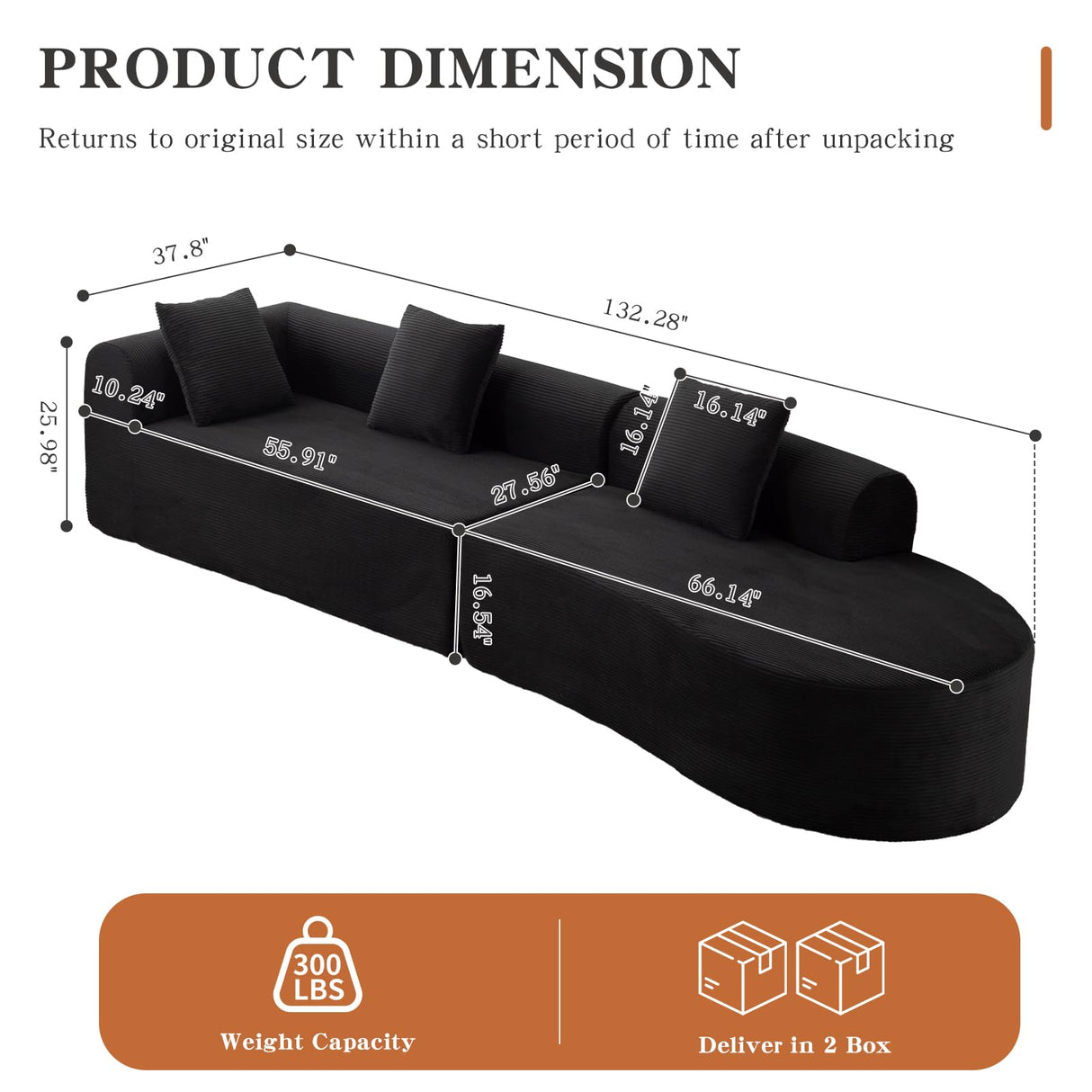 ClinQ 132-Inch Modern Style Curved Sofa, Upholstery Corduroy Sofa Couch with 3 Pillows, Black ClinQ