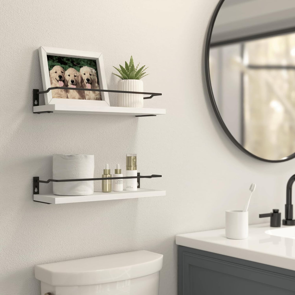 RICHER HOUSE White Bathroom Shelves, Small Floating Wall Mounted Shelf for Bathroom Decor, Guard-Rail Wood Shelving Organizer Over Toilet Kitchen Storage Shelves Set of 2 - White RICHER HOUSE
