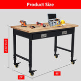 Workbench 48 x 24 Adjustable Height Worktable, Heavy Duty Rubber Wood Top, 2000 LBS Load Capacity, Tool Storage Workstation with Drawer, Pegboard, Power Outlets & Lockable Wheels IDEALHOUSE