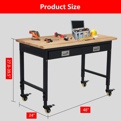 Workbench 48 x 24 Adjustable Height Worktable, Heavy Duty Rubber Wood Top, 2000 LBS Load Capacity, Tool Storage Workstation with Drawer, Pegboard, Power Outlets & Lockable Wheels