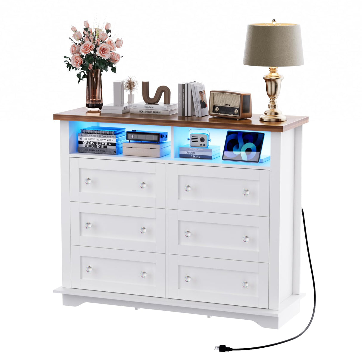 HAIOOU 6 Drawer Dresser for Bedroom White, Chest of Drawers 47 inch Modern Wooden Storage Organizer Tower with 2 Shelves,Power Outlets and LED Lights,Organizer Cabinet for Living Room,Hallway HAIOOU