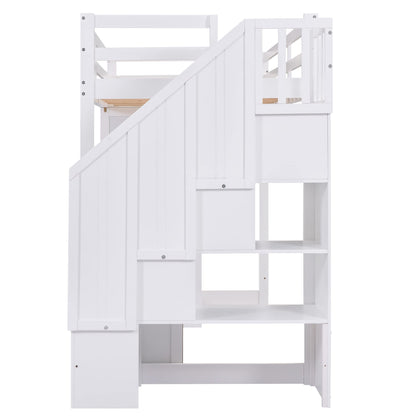 MERITLINE Twin Loft Bed with Desk, Wardrobe, and Storage Stairs - Space-Saving Design for Kids and Teens in White - WoodArtSupply