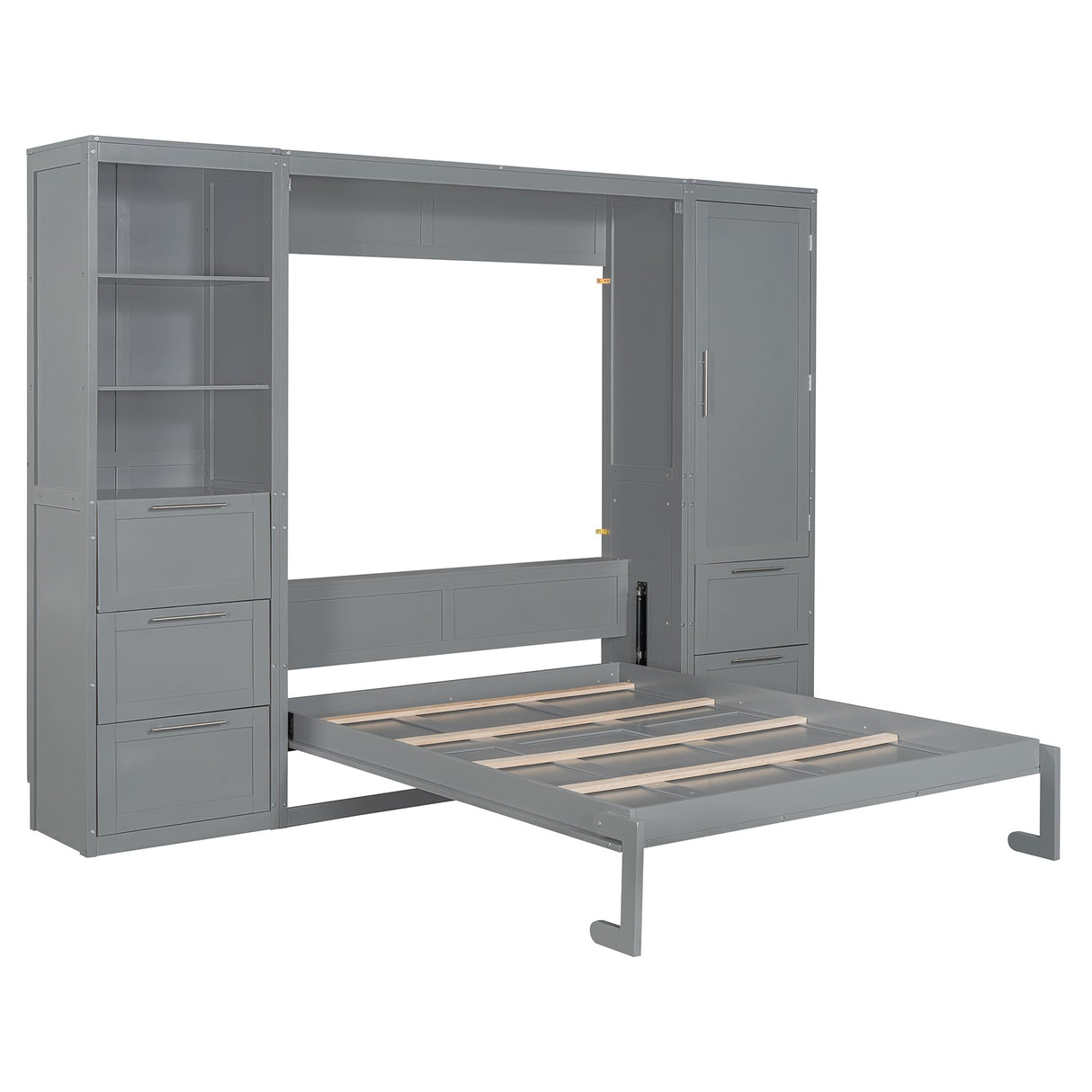 Merax Queen Size Murphy Bed, Wooden Wall Bed with Drawers, Closet and Shelves, Gray Merax