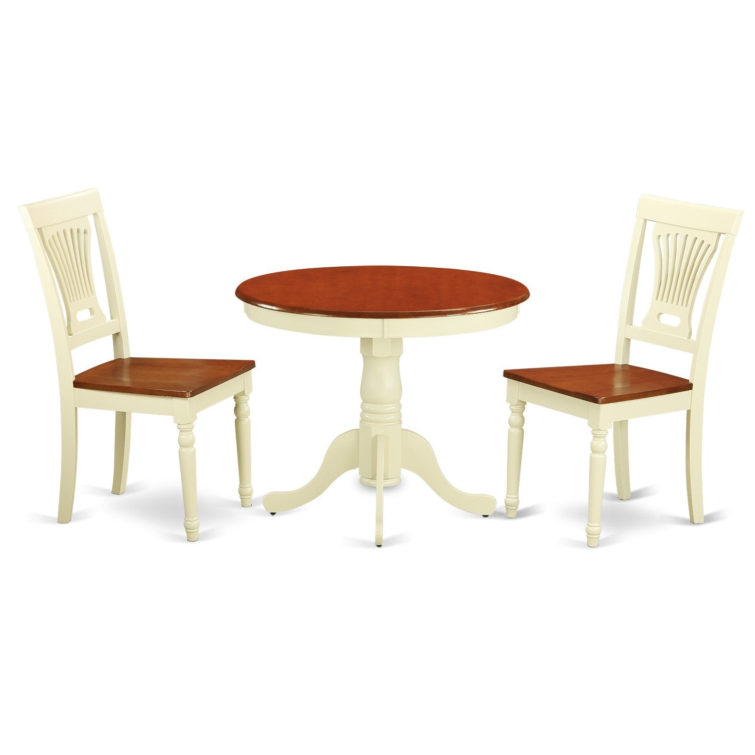 East West Furniture Antique 3 Piece Set Contains a Round Dining Room Table with Pedestal and 2 Wood Seat Chairs, 36x36 Inch, Buttermilk & Cherry - WoodArtSupply