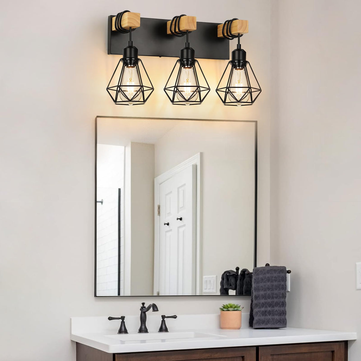 foucasal Farmhouse Bathroom Vanity Light Fixtures, 3-Light Bathroom Light Fixtures Over Mirror, Rustic Wood Sconces with Metal Cage Lampshade, Black Wall Lighting for Living Room, Bedroom, Hallway foucasal
