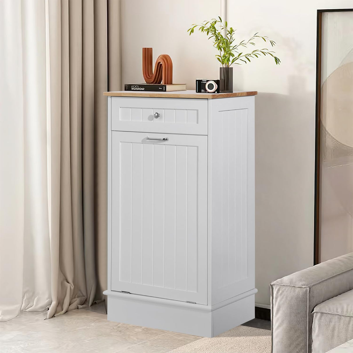 KIGOTY Tilt Out Trash Can Cabinet, Free Standing Kitchen Garbage Bin Holder with Hideaway Drawer and Countertop, Wooden Pet-Proof Recycling Trash Cabinet Laundry Hamper, White KIGOTY