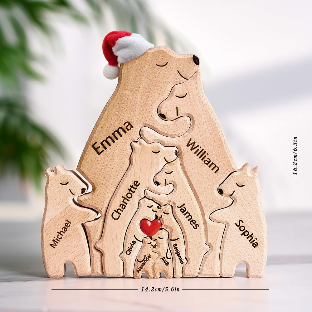 Personalized Wooden Bear Puzzle with Santa Hat and 1-8 Family Name, Custom Family Name Sculpture - Ideal for Christmas, Birthdays, Housewarming - Unique Wooden Decor Gift for Mom and Dad - WoodArtSupply