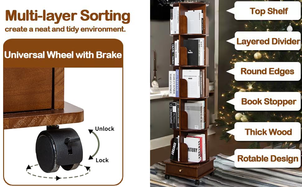 Solid Wood 360° Rotating Bookshelf Tower by GHBRHBJ - WoodArtSupply