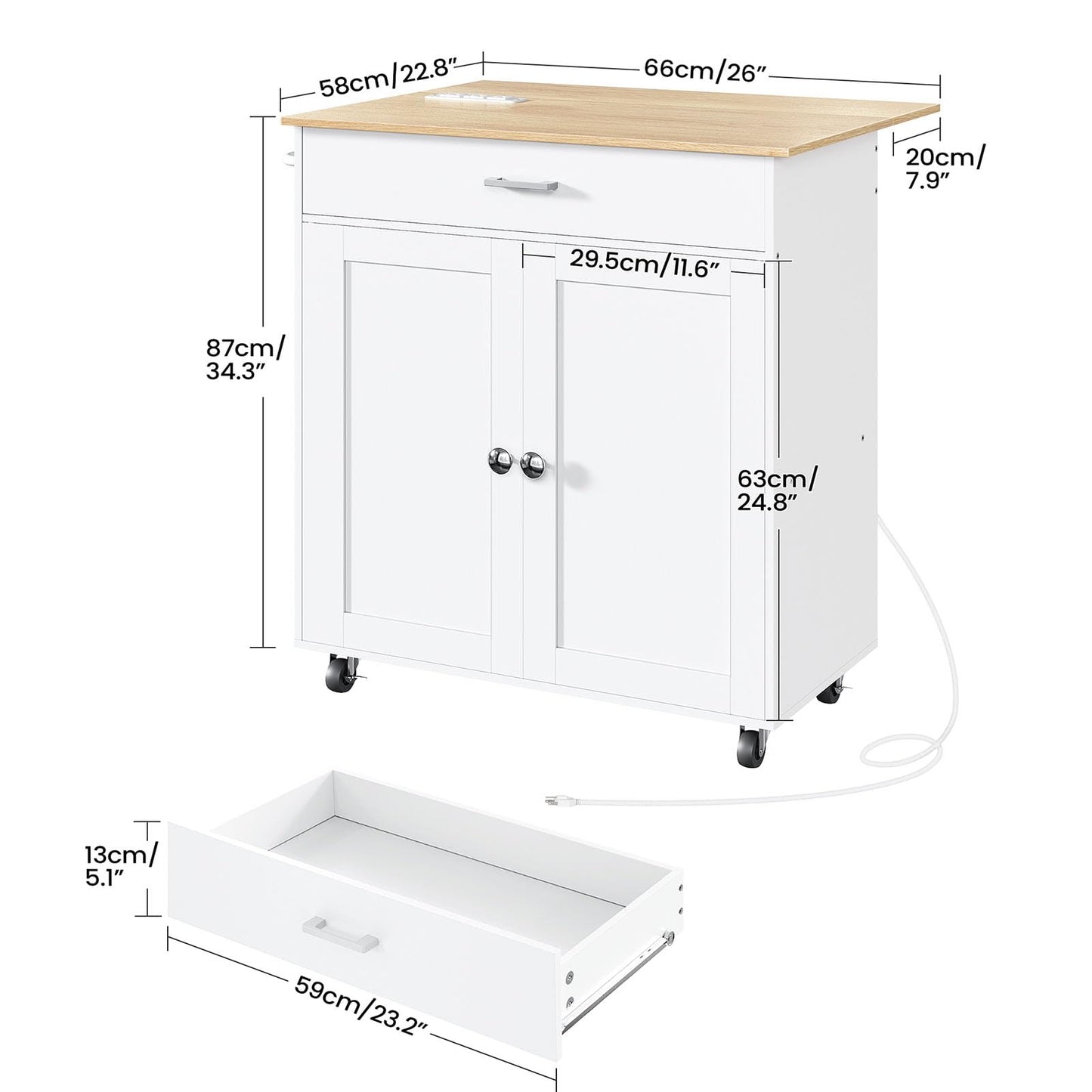 CHOEZON Kitchen Island Cart with Folding Breakfast Bar, Kitchen Island Table with Charging Station, Rolling Island Cart for Kitchen, Kitchen Table with Cabinet, White and Natural MZD01UWN