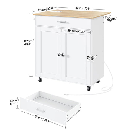 CHOEZON Kitchen Island Cart with Folding Breakfast Bar, Kitchen Island Table with Charging Station, Rolling Island Cart for Kitchen, Kitchen Table with Cabinet, White and Natural MZD01UWN