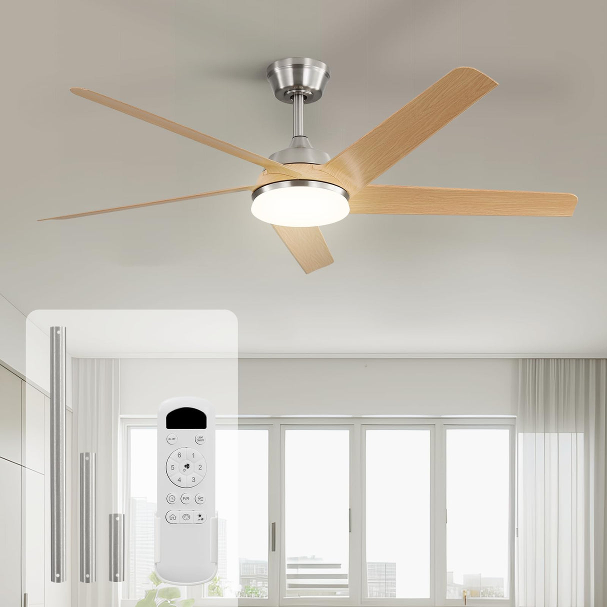 Sofucor 52 Inch Ceiling Fans with Lights and Remote, 7000 CFM 5 Blades Low Profile Ceiling Fan, Modern LED Ceiling Fans for Bedroom Living Room Outdoor, Reversible, Noiseless, Light Wood Grain Sofucor