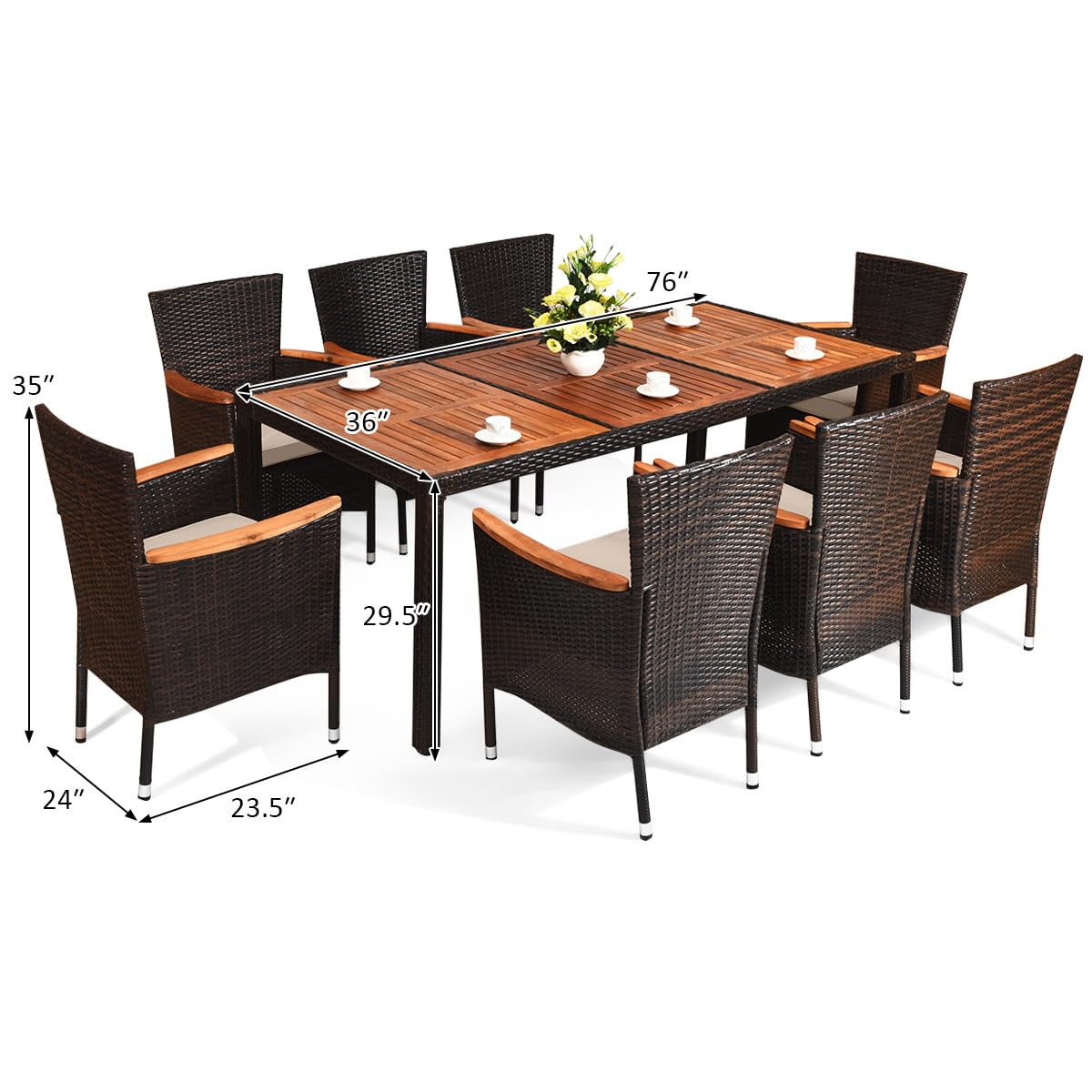 COSTWAY 9PCS Patio Rattan Dining Set 8 Stackable Chairs Cushioned Acacia Wood Table Top COSTWAY