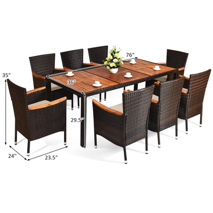 COSTWAY 9PCS Patio Rattan Dining Set 8 Stackable Chairs Cushioned Acacia Wood Table Top - WoodArtSupply