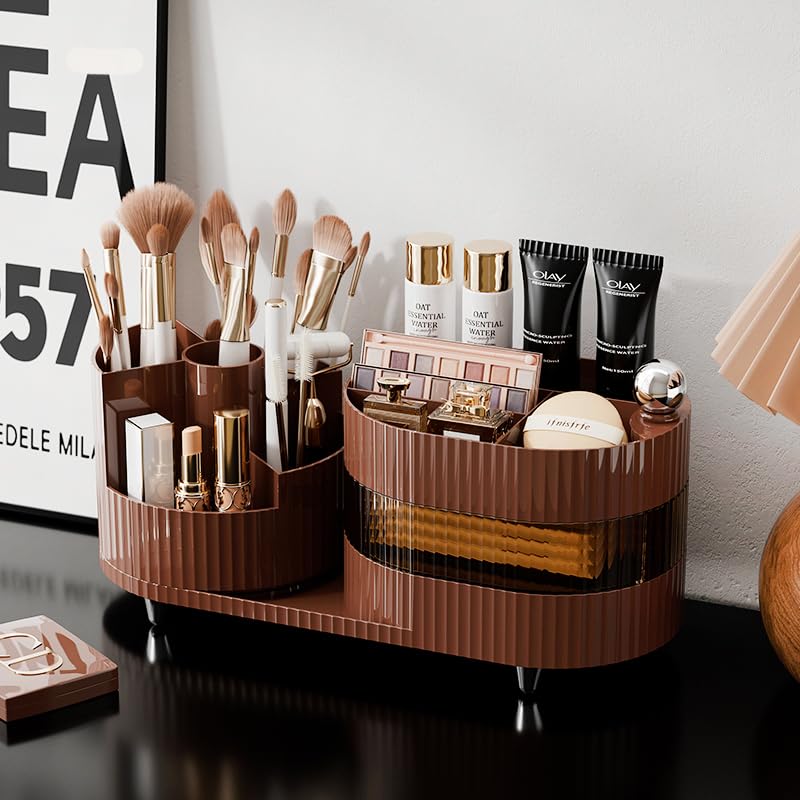 Rotating Makeup Organizer for Vanity with Brush Holder and Drawer, 3 Layer Cosmetic Makeup Storage, Large Makeup Skincare Organizer, Countertop Makeup Perfume Organizer, Lotions Display Case (Brown) COMFYROOM