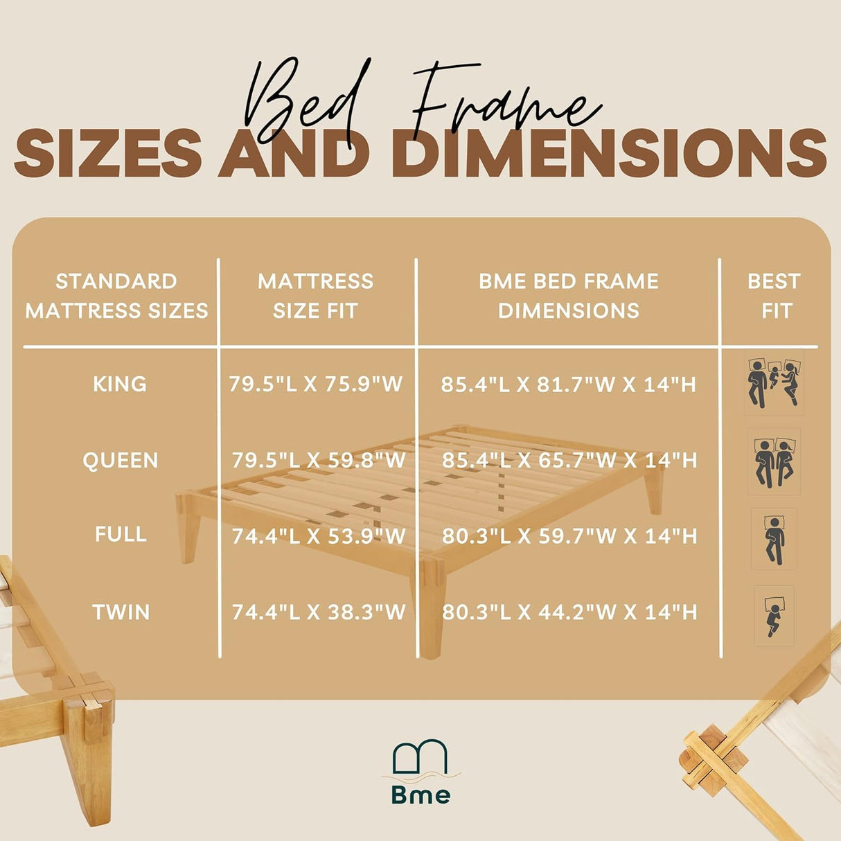 Bme Chalipa 14” Solid Wood Queen Bed Frame with Japanese Joinery - Minimalist Platform Design & Enhanced Storage Bme