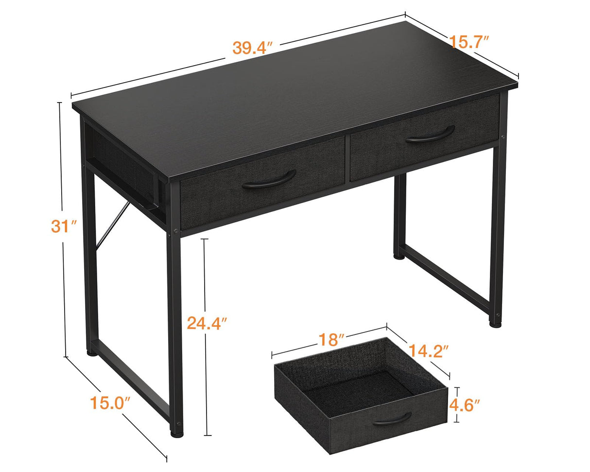 ODK 40 Inch Small Desk with Fabric Drawers- for Bedroom, Black Study Desk with Storage, Home Office Computer Desk for Small Spaces, Modern Work Writing Kids Table, Black ODK